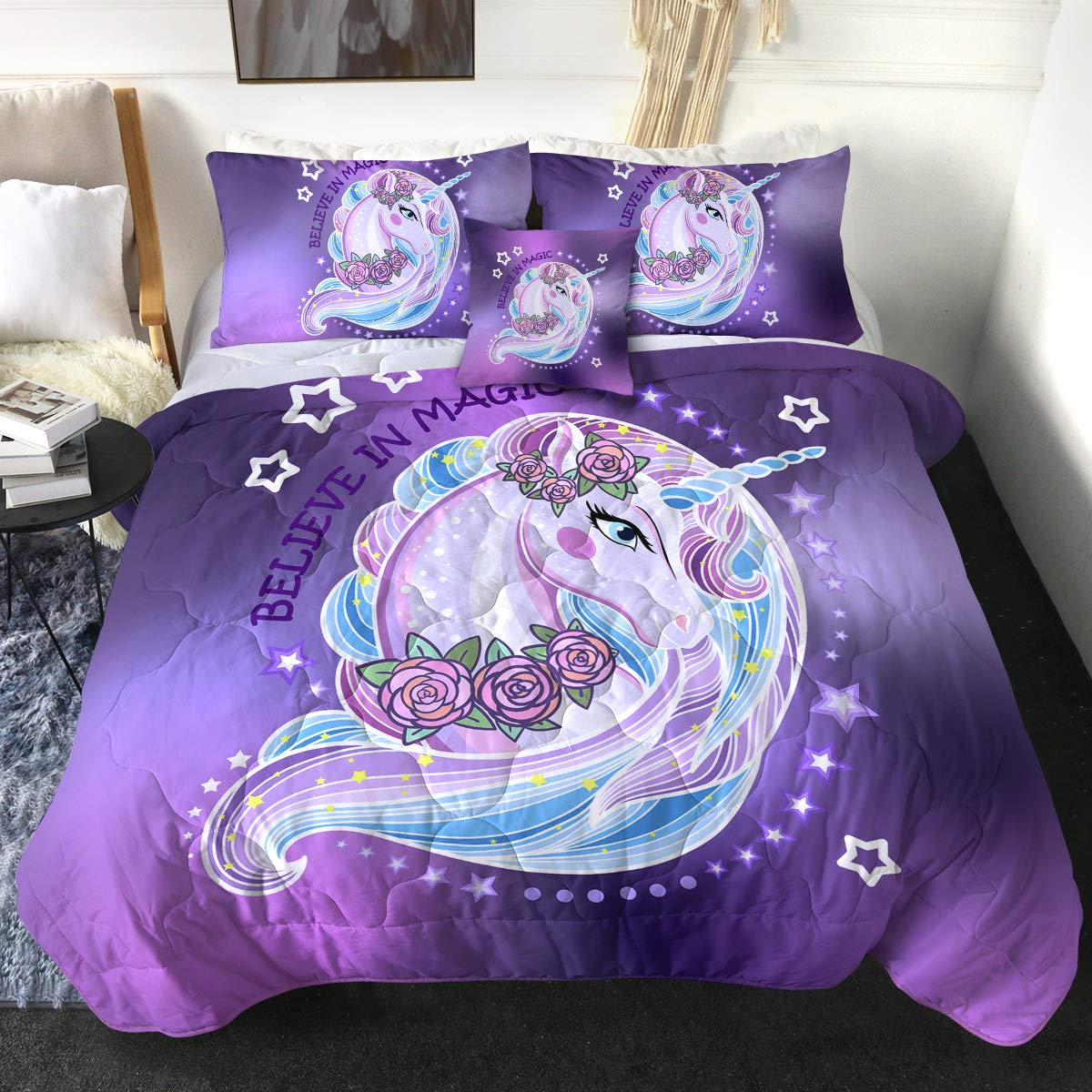 Book Cover Sleepwish Unicorn Twin Comforter Set for Girls 3D Unicorn Bedding Twin 4 Pcs Cartoon Unicorn Bed Set Kids Teens Cute Unicorn Rose Star Bedspreads with 2 Pillow Shams 1 Cushion Cover (Purple Blue)