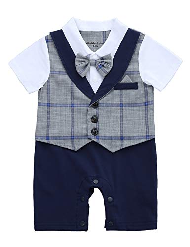 HMD Baby Boy Gentleman White Shirt Waistcoat Bowtie Tuxedo Onesie Jumpsuit Overall Romper