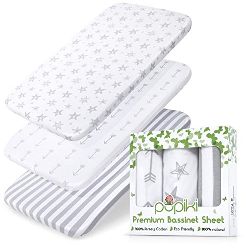 Book Cover Premium Bassinet Sheets 3 Pack Set 100% Jersey Cotton Baby Sheets for Boys and Girls, Bassinet Sheet Oval Fitted, Cradle Sheets, Bassinet Mattress Sheets