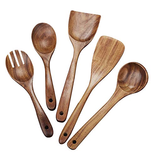 Book Cover Beauty Kate Wooden Kitchen Utensil Set 5 Cooking Utensils Spatula Spoons for Cooking Nonstick Cookware, 100% Handmade by Natural Teak Wood Without Painting