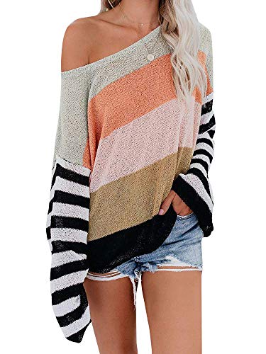 ETCYY NEW Womens Oversized Pullover Sweater Colorblock Rainbow Striped Casual Long Sleeve Loose Knitted Shirts Tops