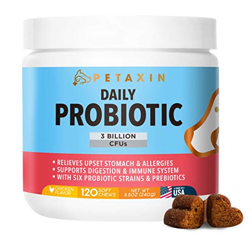 Petaxin Probiotics for Dogs - 6 Strains with Prebiotics - Supports Digestive and Immune System â€“ Relief for Diarrhea, Bad Breath, Allergies, Gas, Constipation, Hot Spots - Made in USA - 120 Chews