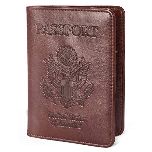 Book Cover Amzbag Passport Case Holder Cover Leather RFID Blocking Travel Wallet For Men Women (Brown)