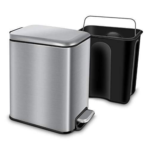 Book Cover Magdisc Bathroom Trash Can with Soft Close Lid, Rectangular Small Trash Can with Removable Inner Wastebasket, Anti-Fingerprint Brushed Stainless Steel Metel Trash Can, 5 Liter/1.3 Gallon