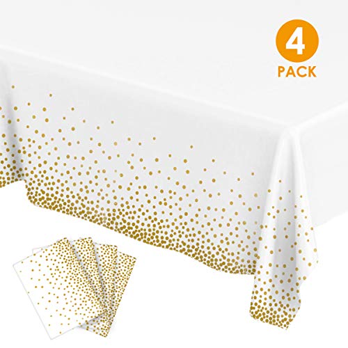 Plastic Tablecloths for Rectangle Tables, Party Table Cloths Disposable, Gold Dot Confetti Rectangular Table Covers for Parties Thanksgiving Christmas Wedding Anniversary-54" x 108" (4 Pack)