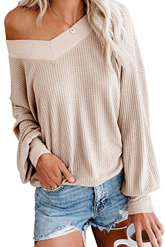 Donnalla Womens V-Neck Long Sleeve Waffle Knit Top Off Shoulder Pullover Sweater Light Sweatshirt(Apricot Large)
