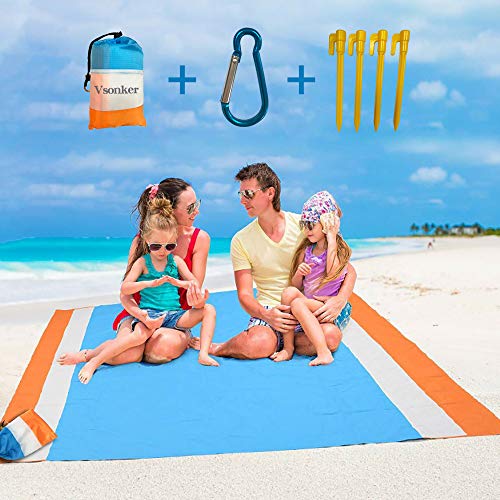 VoMii for Large Beach Blanket 82" x 79", Portable Compact Lightweight Sandless Beach mat,Waterproof Soft Fast Drying Ripstop Nylon Sand Blanket for Camping, Hiking, Lawn Party