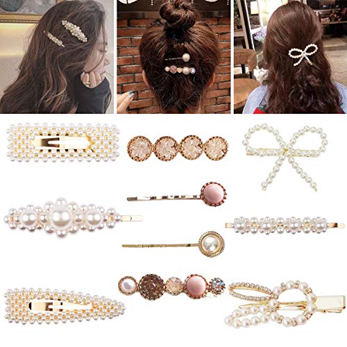 Hair Barrettes For Women-10 Pcs Handmade Pearl Hair Clips Bling Rhinestone Hair Clip Jeweled Hair Clips Fancy Hair Pins Super Trendy Hair Clips for Women,Elegant Hair Clips Set for Party Wedding Daily