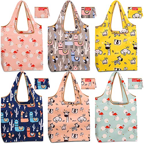 Shopping Bags Reusable Grocery bags Totes 50 lbs Packable Recyclable Machine Wash Flat Bottom Light Weight Flamingo Cactus Giraffe