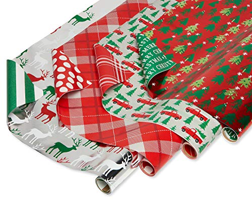 Book Cover American Greetings Reversible Christmas Foil Wrapping Paper, Stripes, Polka Dots, Plaid, Reindeer, Christmas Trucks and Trees (4 Pack, 120 sq. ft.)