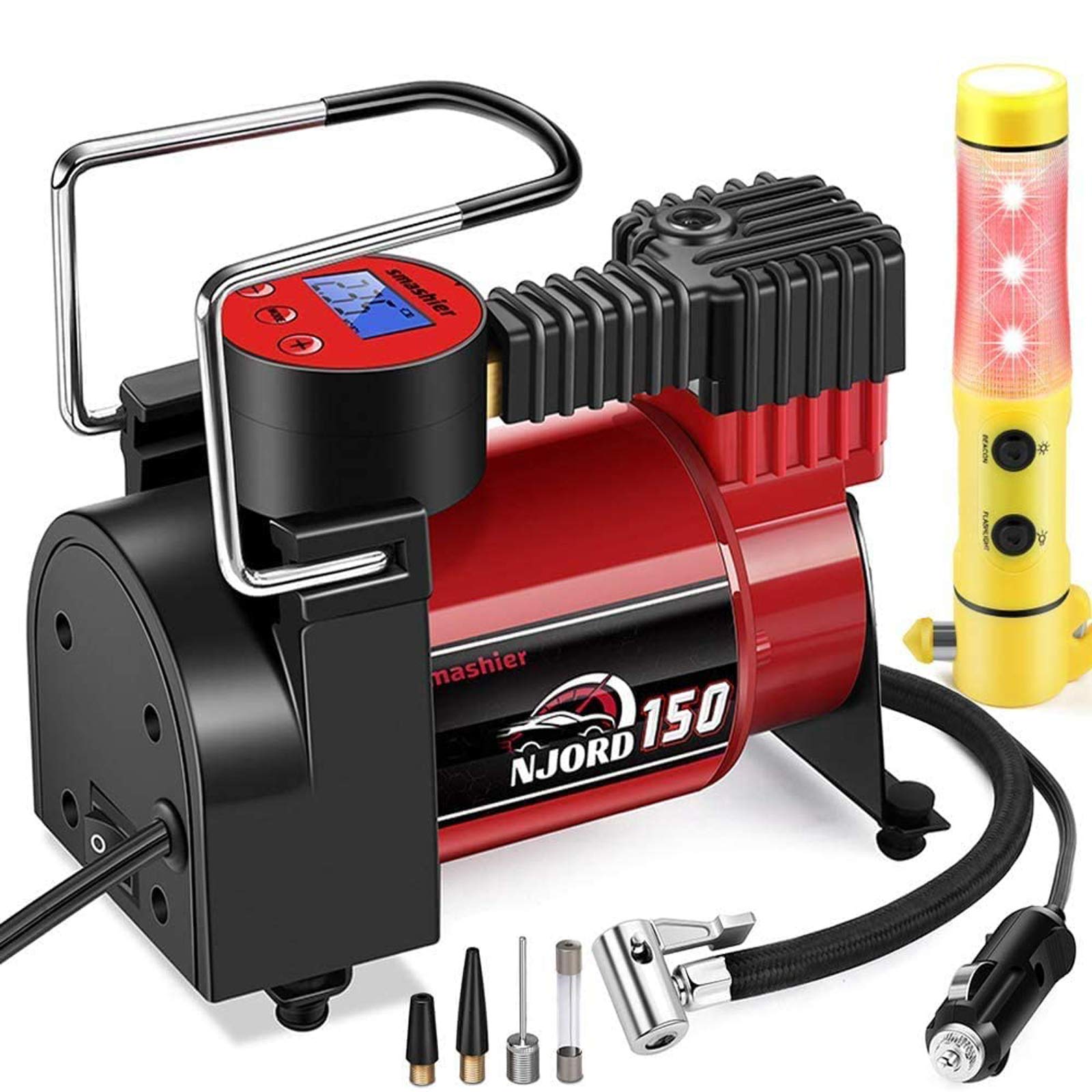 Smashier Portable Air Compressor Tire Inflator - 12V DC Digital Pump with Gauge for Car, Motorcycle, Ball, Air Mattress, 12FT Extended Cord, Upgraded Quick Connector, Extra Fuse, Easy & Fast Inflation