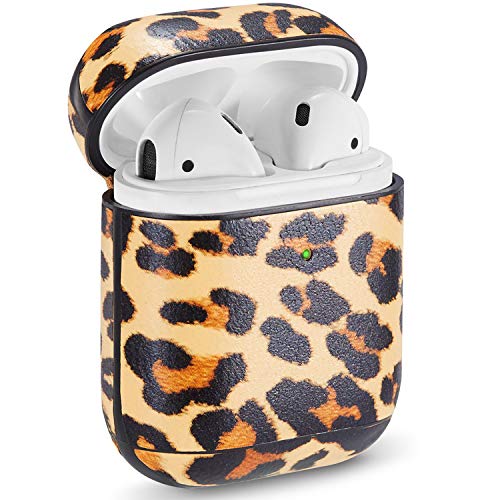 Pierre Case AirPods Case Cover Leather Keychain, Airpod Genuine Leather Portable Protective Shockproof Covers with Carabiner for Apple AirPods 2 Airpods 1 Cases Support Wireless Chargingï¼ˆLeopard