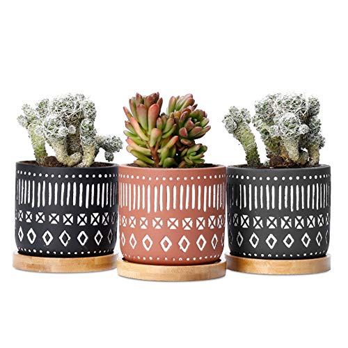 POTEY Cement Succulent Planter Pots - 2.6" Indoor Planter Pot with Bamboo Tray, Drain Hole - Handcraft Geometry Cylinder Deco Indoor-Set of 3, Brown, Black, Grey