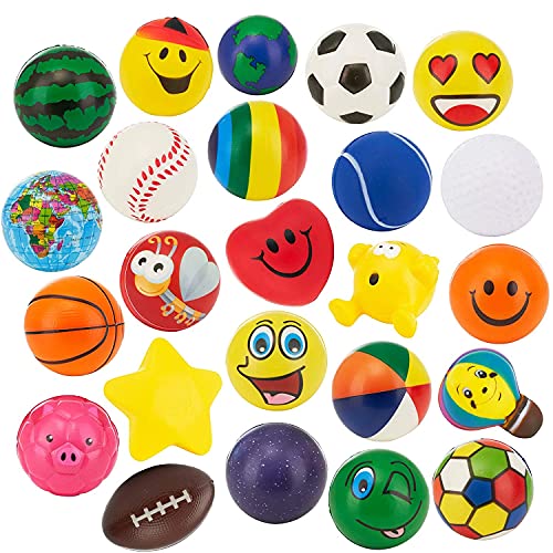 24 Stress Balls - Bulk Pack of 2.5" Stress Balls - Treasure Box Classroom Prizes, Party Favors, Or Just to De-Stress (2 Dozen) Assorted Designs and Colors for Kids, Adults and Teens
