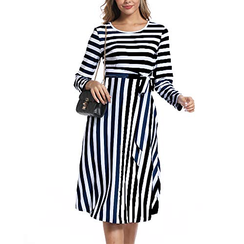 INWECH Women's Long Sleeve Scoop Neck Striped Modest Dress Casual Knee Length Round Neck Flowy Midi Pockets Dress (Black, X-Large)