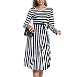 INWECH Women's Long Sleeve Scoop Neck Striped Modest Dress Casual Knee Length Round Neck Flowy Midi Pockets Dress (Black, X-Large)