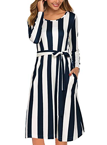 Book Cover OURS Women's Casual Long Sleeve Striped Tie Waist Flowy Midi Dresses with Pockets