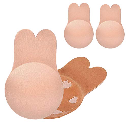 Adhesive Bra Silicone Push Up Strapless Sticky Bra with Lift Nipple Covers 2 Pack (C/D, Beige)