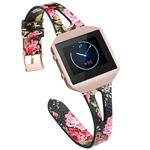 YiJYi Leather Bands Compatible with Fitbit Blaze,Slim Band with Metal Frame Replacement Sport Strap Wristband for Women Men (Black/Pink Floral)