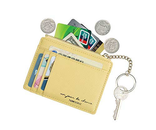 Women Slim Leather Card Case Holder Small Wallet Cute Coin Purse Girl Mini Wallet with Keychain (Yellow)