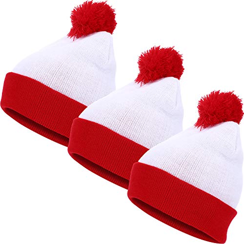 SATINIOR 3 Pieces Halloween Knit Hat Beanie Hat Pom Pom Knit Hat Red White Knitted Hat