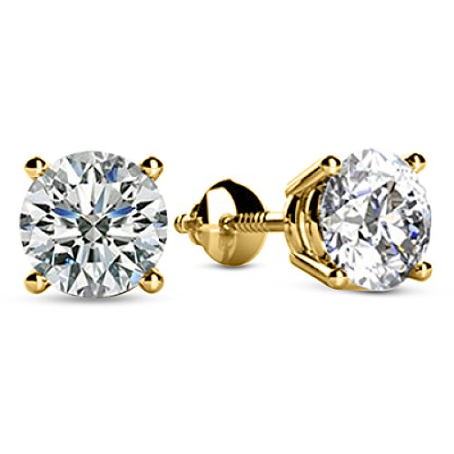 Houston Diamond District 1-3 Carat GIA Certified Round Cut Diamond Earrings 4 Prong Screw Back Luxury Collection (D-E Color, VS1-VS2 Clarity) - Ideal Cut 18K Yellow Gold 3 Carat