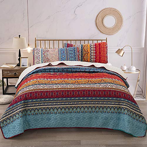 Book Cover Bohemian Quilt Set Queen, Boho Striped Pattern Printed Quilt Coverlet for All Season, Soft Microfiber Boho Bedspread Set 90
