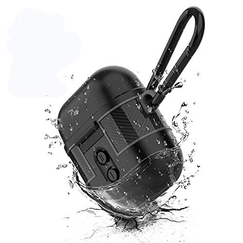 Airpods Case,Mangix Waterproof Airpod Armor Defender Keychain Case for Airpods 1 & 2 & Latest Model, LED Light Visible, Slim Hard PC and Silicon Compatible with Wireless Charging,Carabiner (Black)