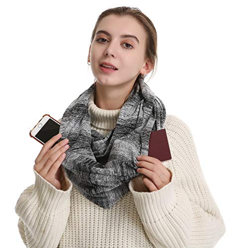 Infinity Scarf With 2 Hidden Pockets - Secret Zipper Travel Scarf for Women Men Black Gray Stripes