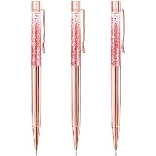 Ballpoint Pens, BYSOU Rose Gold Metal Pen Refills Bling Dynamic Liquid Sand Pen Black Ink for Office Supplies (3)