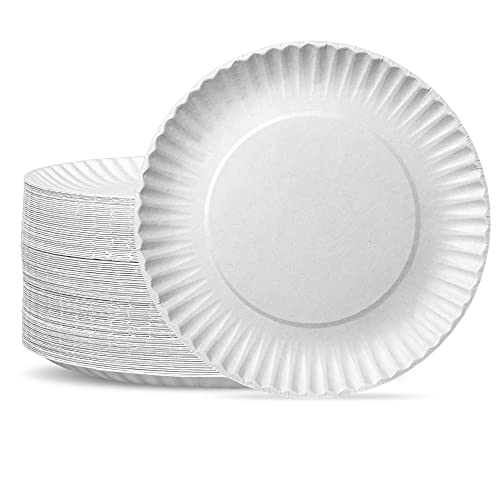 [200 Pack] Disposable White Uncoated Paper Plates, 9 Inch Large