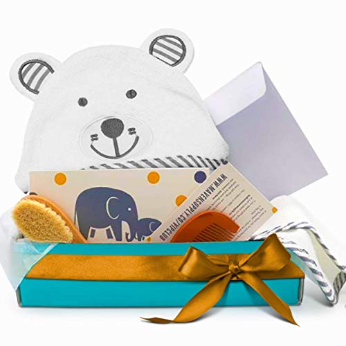 Book Cover Baby Bath Essentials by Rose & Remy - Bamboo Hooded Towel & Washcloth Gift Set - Unique Baby Shower Registry Present for Newborn Boys or Girls! Bonus Wooden Baby Brush & Comb Included!