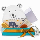 Baby Bath Essentials by Rose & Remy - Bamboo Hooded Towel & Washcloth Gift Set - Unique Baby Shower Registry Present for Newborn Boys or Girls! Bonus Wooden Baby Brush & Comb Included!