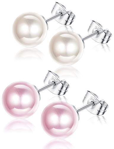 Sllaiss 8MM Pearl Stud Earrings for Women 2 Pairs 925 Sterling Silver White Pink Pearl Stud Earrings Set Jewelry Gift for Her