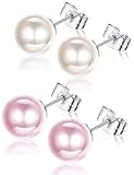 Sllaiss 8MM Pearl Stud Earrings for Women 2 Pairs 925 Sterling Silver White Pink Pearl Stud Earrings Set Jewelry Gift for Her