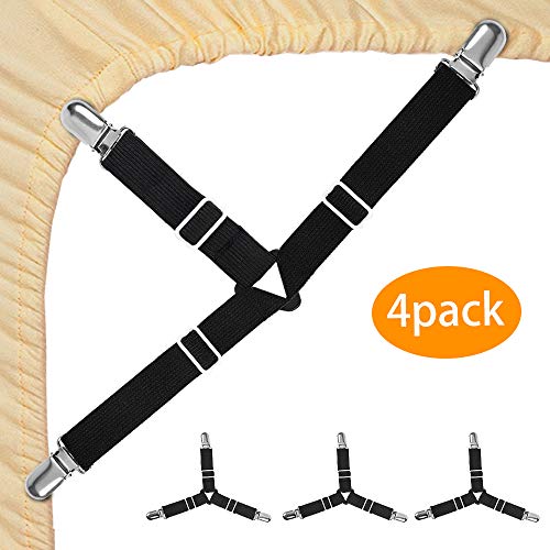 McoMce Bed Sheet Holder Straps, Adjustable Sheet Straps, Triangle Elastic Sheet Suspenders, Stable Sheet Clips, Durable Bed Sheet Straps with Heavy Duty Grippers Clips for Bedding (Set of 4 , Black)