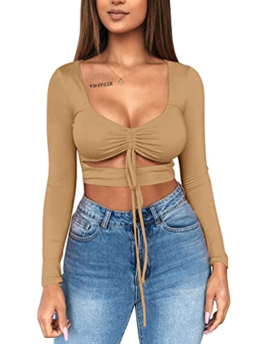 Mizoci Women's Sexy Ruched Tie Up Crop Top Basic Long Sleeve Cut Out T Shirt