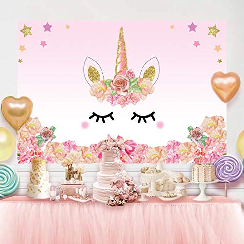 Unicorn Backdrop Photography Birthday Party Background with Pink Flower Gold Glitter Star Vinyl Photo Backdrops for Girls Baby Shower Cake Table Decorations Studio Props (5x3ft, Unicorn)