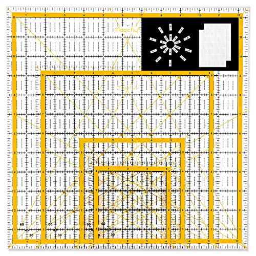 Magicfly Acrylic Quilting Ruler (4.5"x4.5", 6"x6", 9.5"x9.5", 12.5"x12.5") Set of 4 Transparent Quilter Square Ruler with 48 Non-Slip Rings & 20Pcs Transparent Sewing Clips, Double-Colored Grid Lines