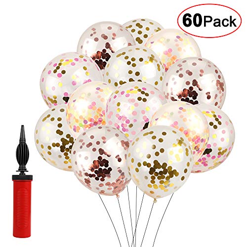 Confetti Balloons, WOVTE 60 Pcs 12 Inch Latex Party Balloons with Gold Confetti Balloons, Rose Gold Confetti Balloons, Pink Confetti Balloons, Mixed Dots Confetti Balloons and Hand Pump for Parties
