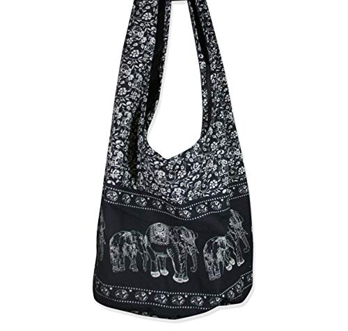 Thai Hippie Bag Elephant Sling Crossbody Bag Purse Thai Top Zip Handmade Black