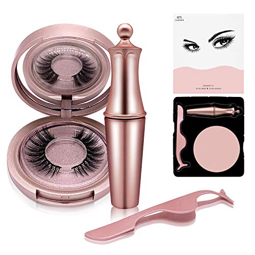 Magnetic Eyeliner and Eyelashes Kit, Waterproof Liquid Eyeliner (4ml) with Reusable 3D Eyelashes and Tweezers (Rose Gold)