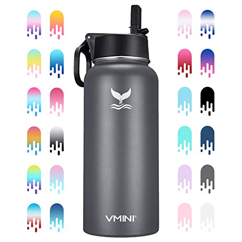 Vmini Water Bottle - Wide Mouth, 18/8 Stainless Steel, Double Wall Vacuum Insulated, New Straw Lid with Wide Handle (Grey, 32 oz)