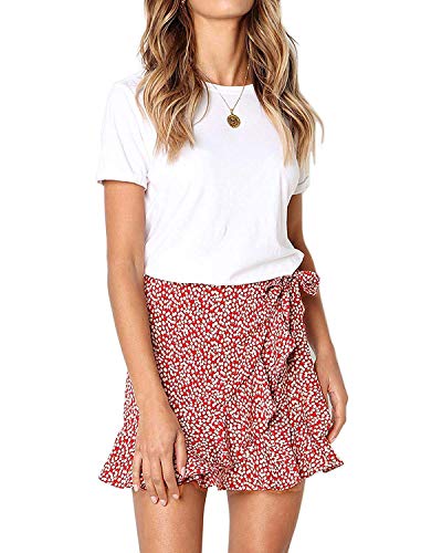 DREAGAL Women's Casual High Waist Bow Knot Floral Skirt Printed Ruffle Mini Skirt Red XL