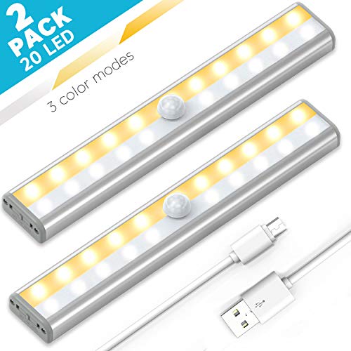 Newest Version Under Cabinet Lighting, 3 Color Mode 20 LED Motion Sensor Closet Light Rechargeable, Rechargeable Wireless Under Cabinet Light for Closet,Cabinet,Wardrobe,Kitchen,Hallway,2Pack