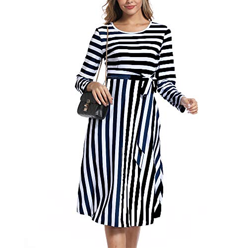 Book Cover INWECH Women's Long Sleeve Casual Striped Dress Round Neck Flowy Midi Belt Dress with Pockets