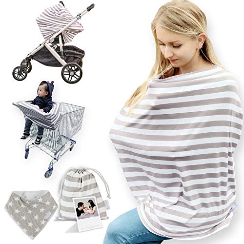 Nursing Cover for Breastfeeding with Drool Bib and Storage Bag - Soft and Breathable Breastfeeding Cover Ups - Stretchy 5-in-1 Car Seat Covers for Babies - Infant Carseat Cover for Baby Shower Gift