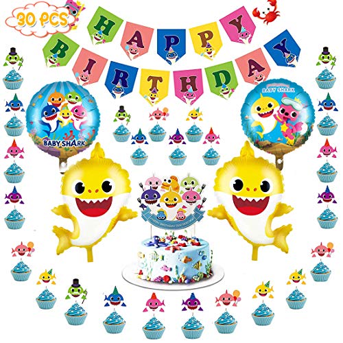 Shark Baby Party Supplies 30 Pcs birthday decorations With 1 Big Cake topper 24 Cupcake toppers 4 Shark Baby Balloons and 1 Happy Birthday Banner for Cake Decor/Baby Shower/Kids Birthday Party