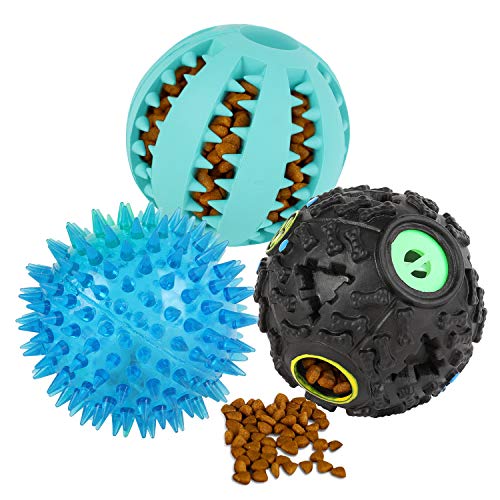 Slopehill Dog Toy Balls, 3 Pack Dog IQ Treat Ball Squeaker Dog Interactive Rubber Toy, Nontoxic Bite Resistant Toy Balls Treat Dispenser for Small to Medium Dogs, 3 inch