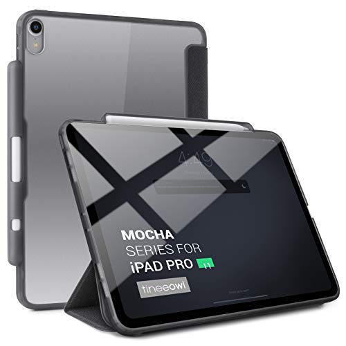 TineeOwl Mocha 2018 iPad Pro 11 inch, Ultra-Slim Clear Case with Pencil Holder + Tri-fold Stand Cover, Supports Apple Pencil Wireless Charging [Absorbs Shock] Flexible TPU, Lightweight (Dark Gray)